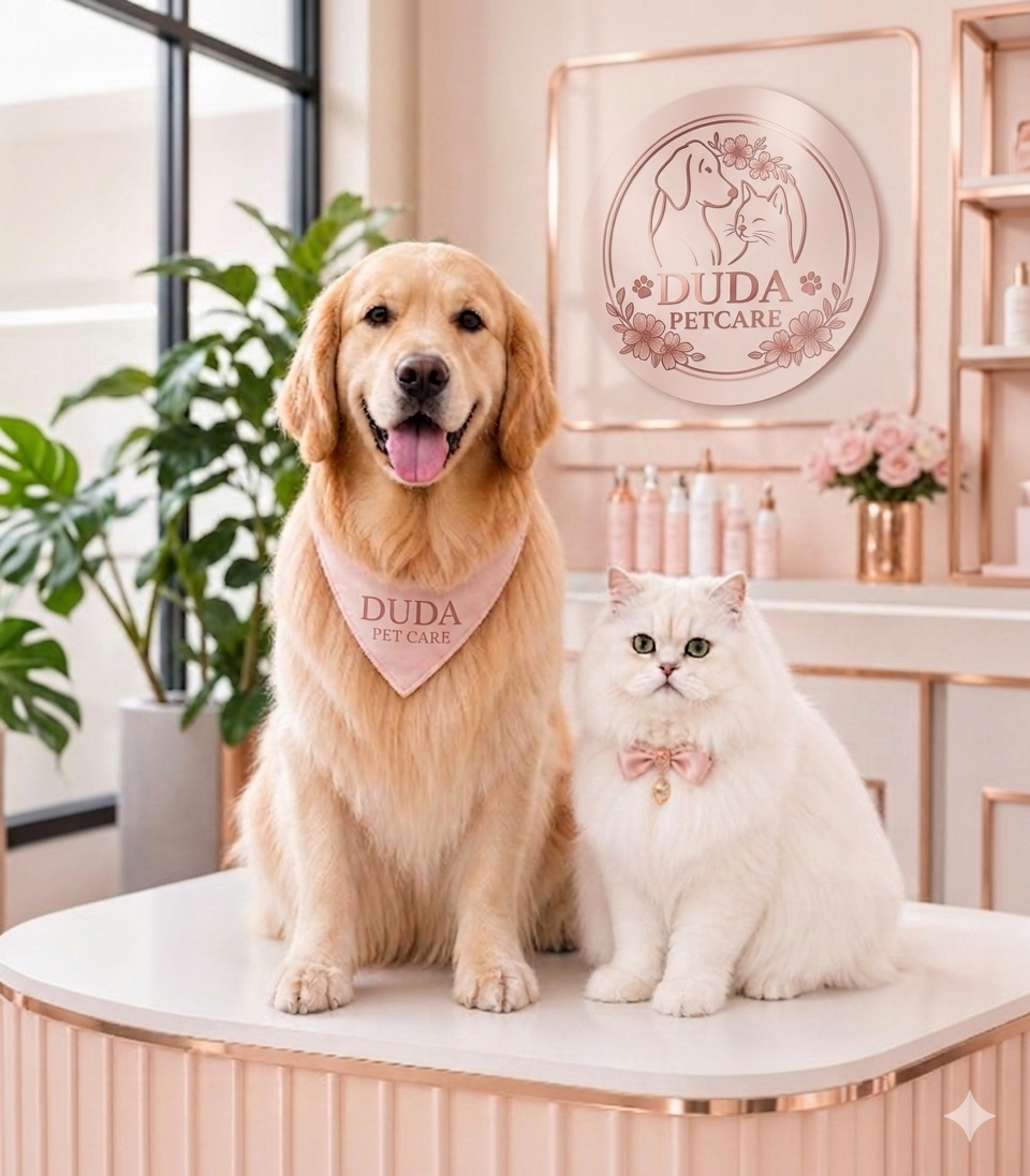 Cachorro golden retriever e gato após banho na Duda Pet Care